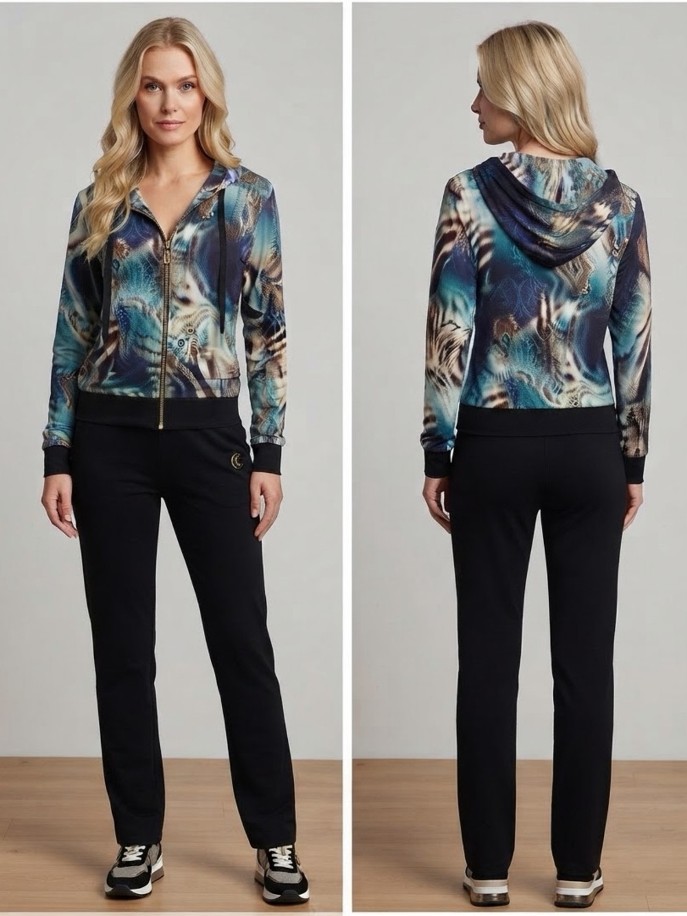 NWT WOMEN'S LYCRA TRACKSUIT 2PC SET HOODED JACKET/BLACK PANTS‎ ZIPED LOUNGEWEAR